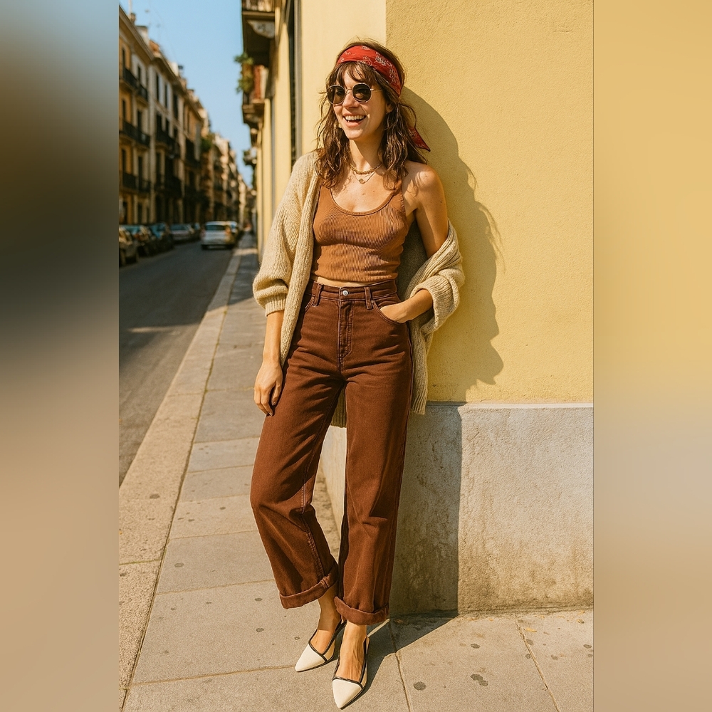 RISEN Mid-Rise Tummy Control Barrel Jeans Baggy Leg Rolled Hem Denim Pants Brown - Picture 9 of 16